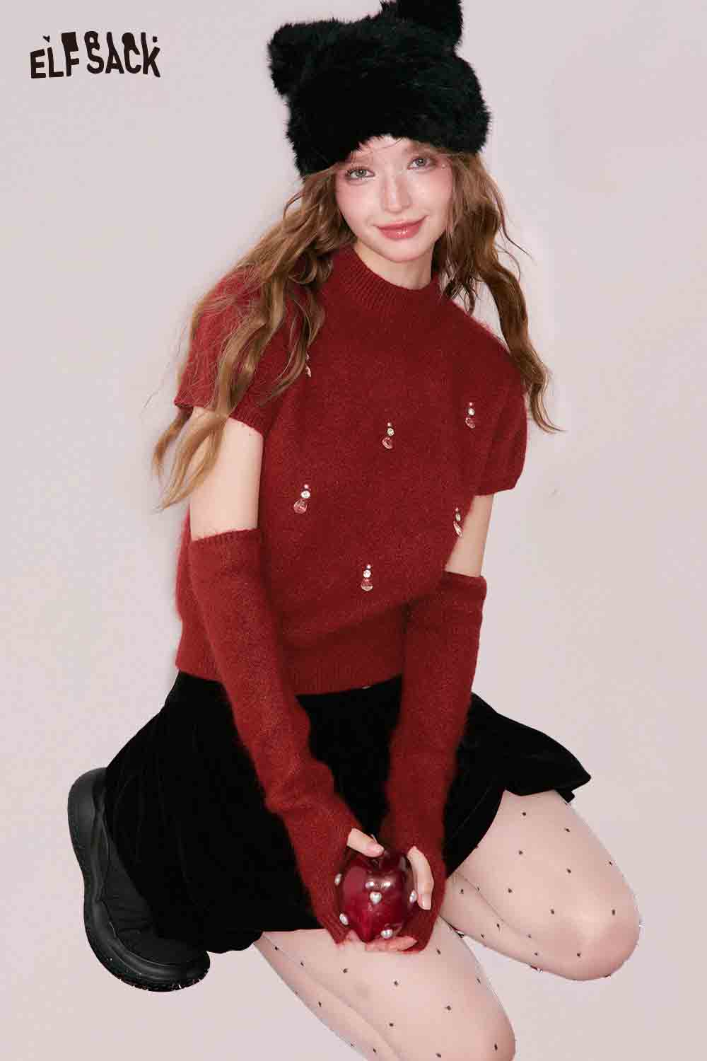 ELFSACK Christmas rhinestone sweater for women, cozy red knit with embellishments, paired with stylish accessories