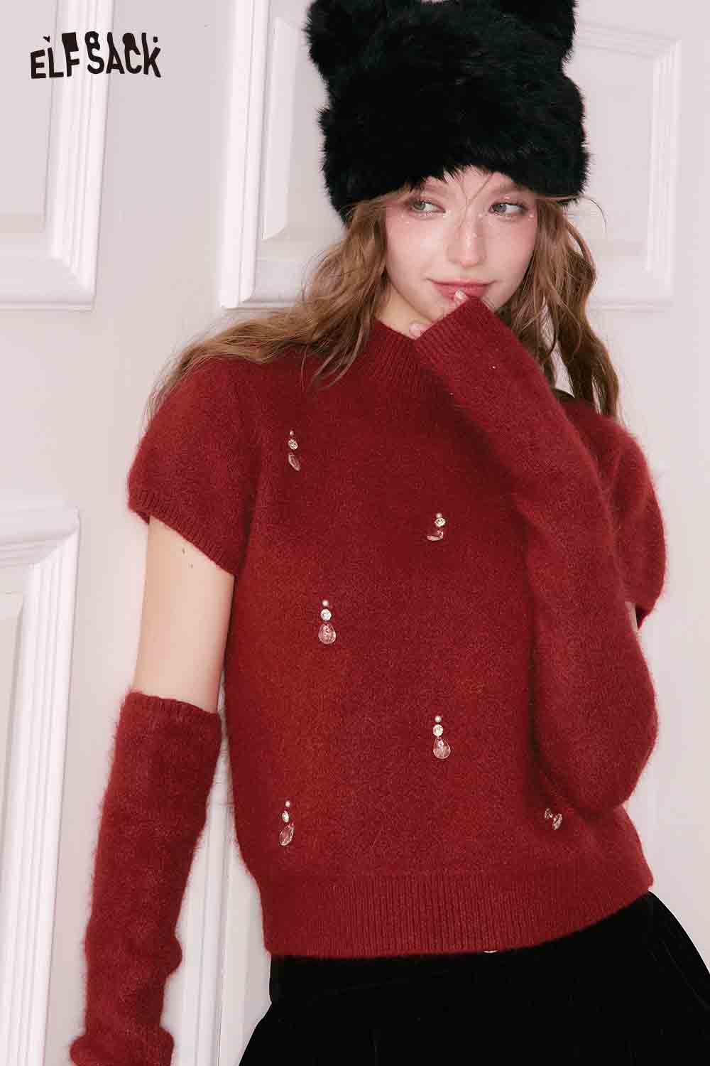 ELFSACK Christmas rhinestone sweater for women in red with stylish short sleeves and matching arm warmers
