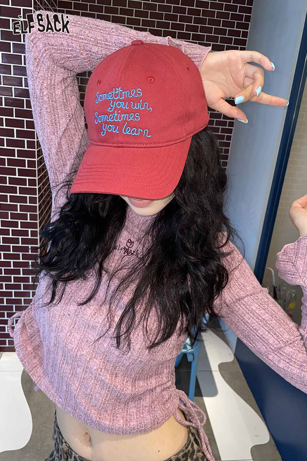 ELFSACK women's embroidered baseball cap in red with the phrase Sometimes you win, Sometimes you learn