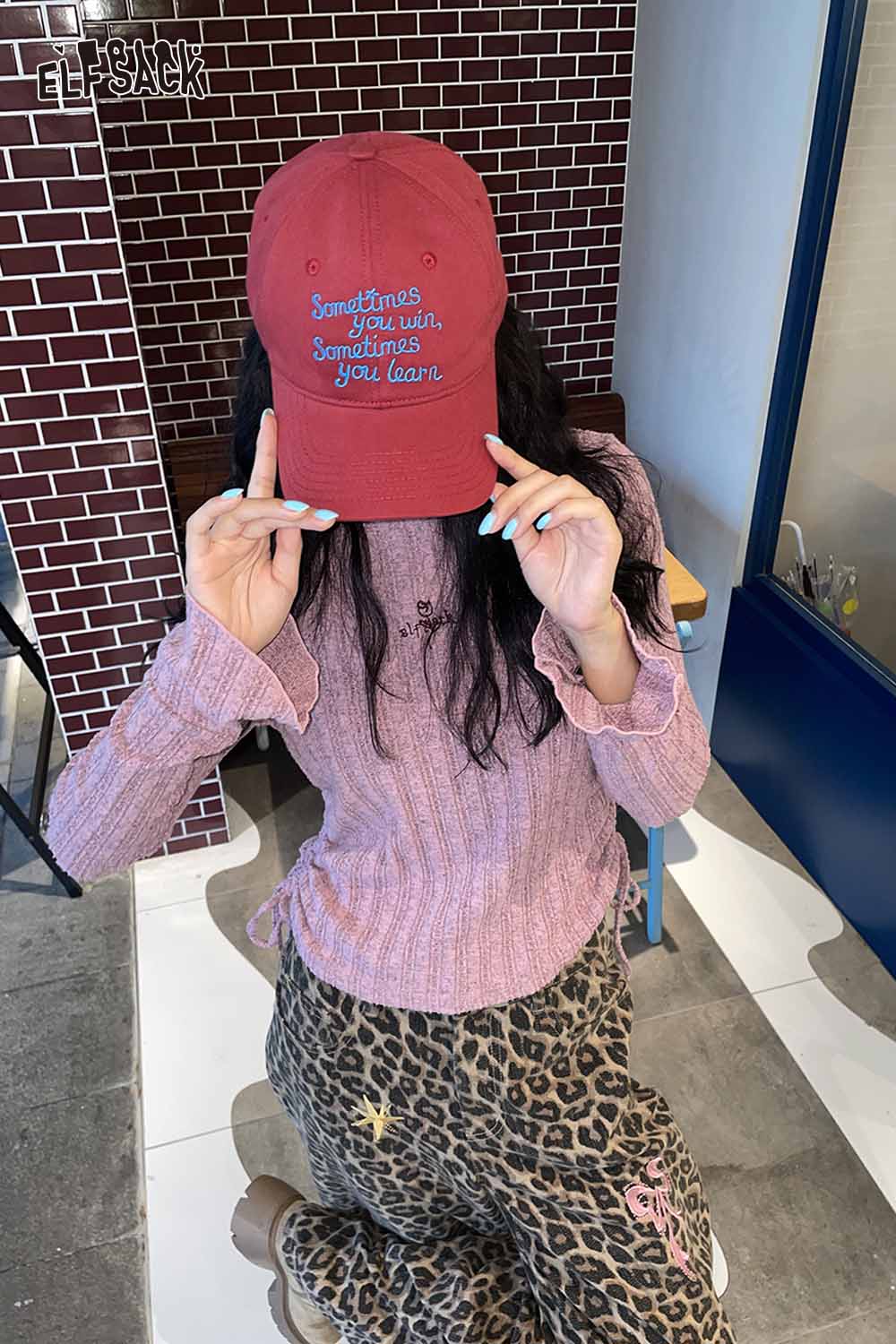 ELFSACK women's embroidered baseball cap in red with motivational text for stylish accessory lovers