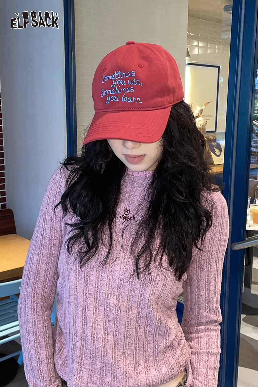 ELFSACK women's embroidered baseball cap in red with inspirational text for casual style