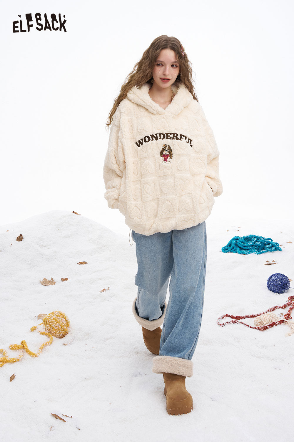 ELFSACK heart plush hooded sweatshirt for women in cream with Wonderful design, perfect for cozy winter styles