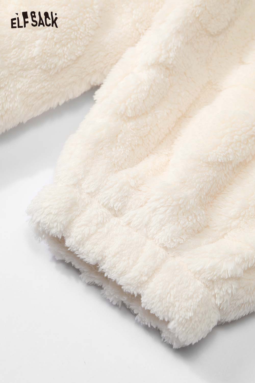 ELFSACK heart plush hooded sweatshirt for women in soft cream fabric with cozy texture