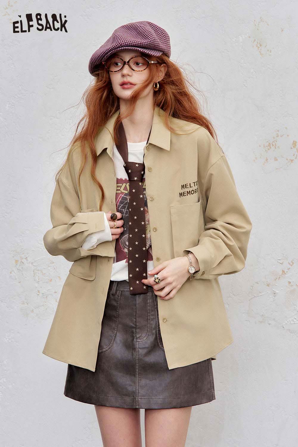 ELFSACK light loose graphic shirt for women styled with a trendy tie and skirt