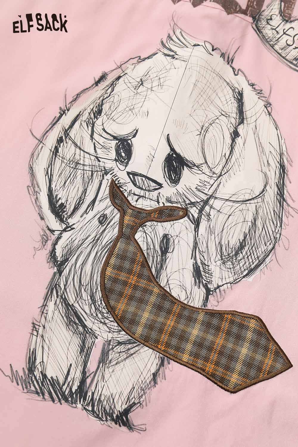 ELFSACK light loose graphic shirt for women featuring a cute bunny illustration with a tie design