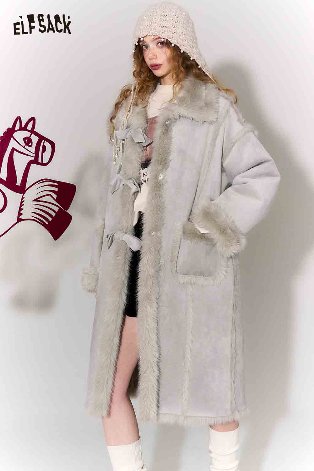 ELFSACK Long Wool Coat for Women in Light Gray with Fur Trim and Oversized Fit