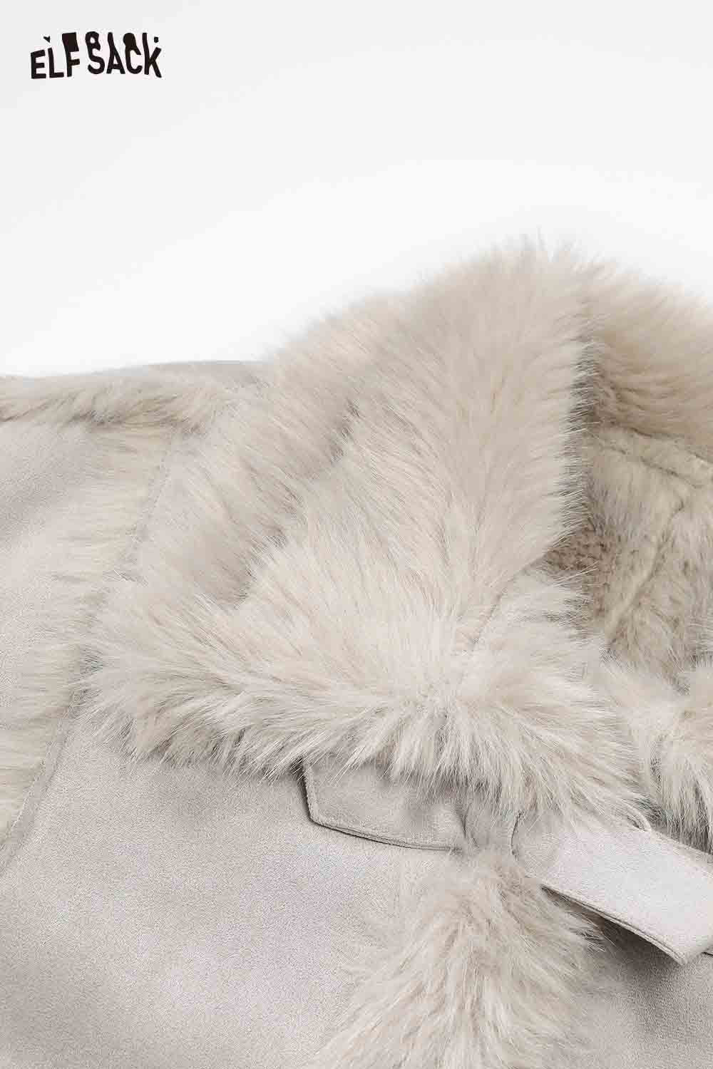 ELFSACK stylish long wool coat for women with soft fur collar and elegant design