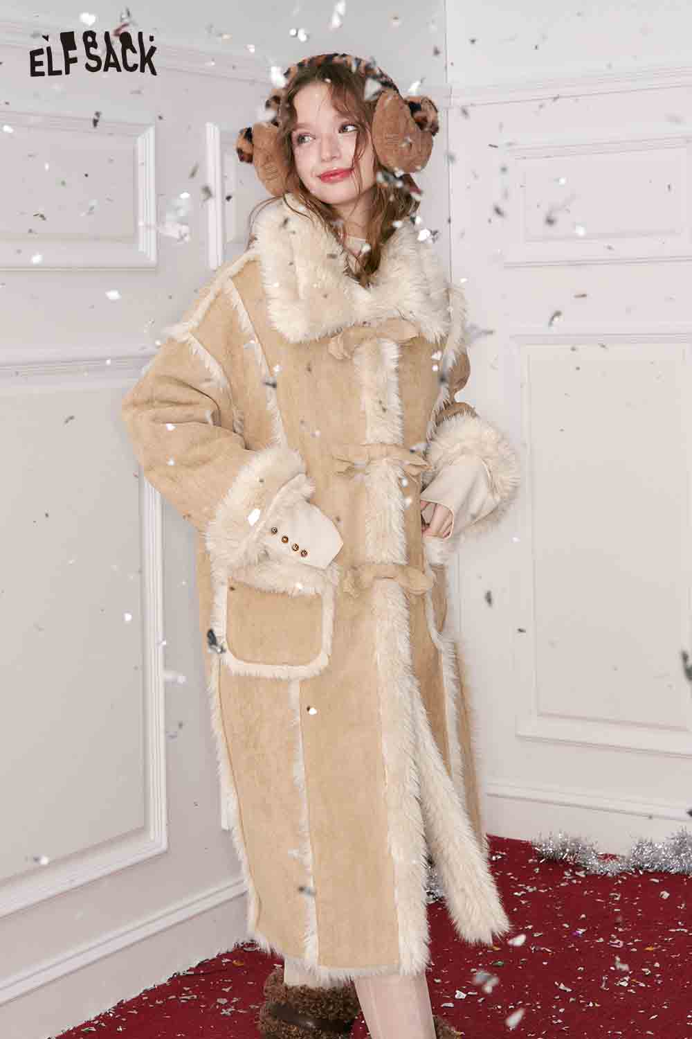 ELFSACK Long Wool Coat for Women in Beige with Plush Trim and Pockets for Stylish Winter Wear