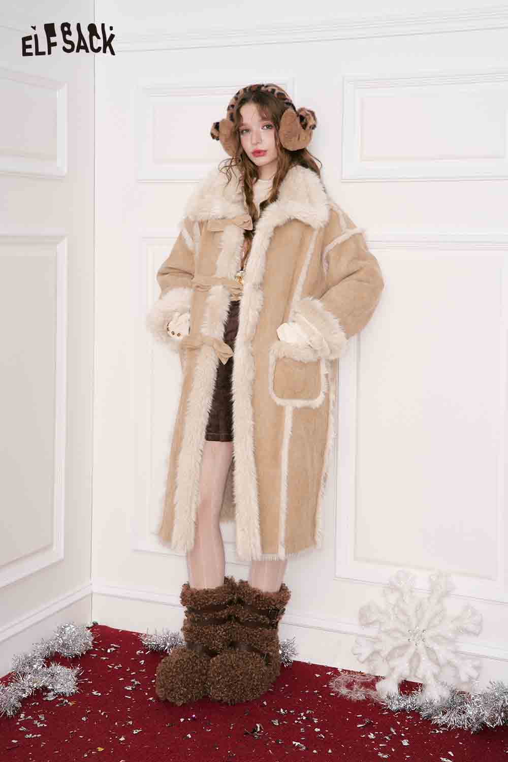 ELFSACK long wool coat for women in beige with a cozy fur-lined collar and pockets