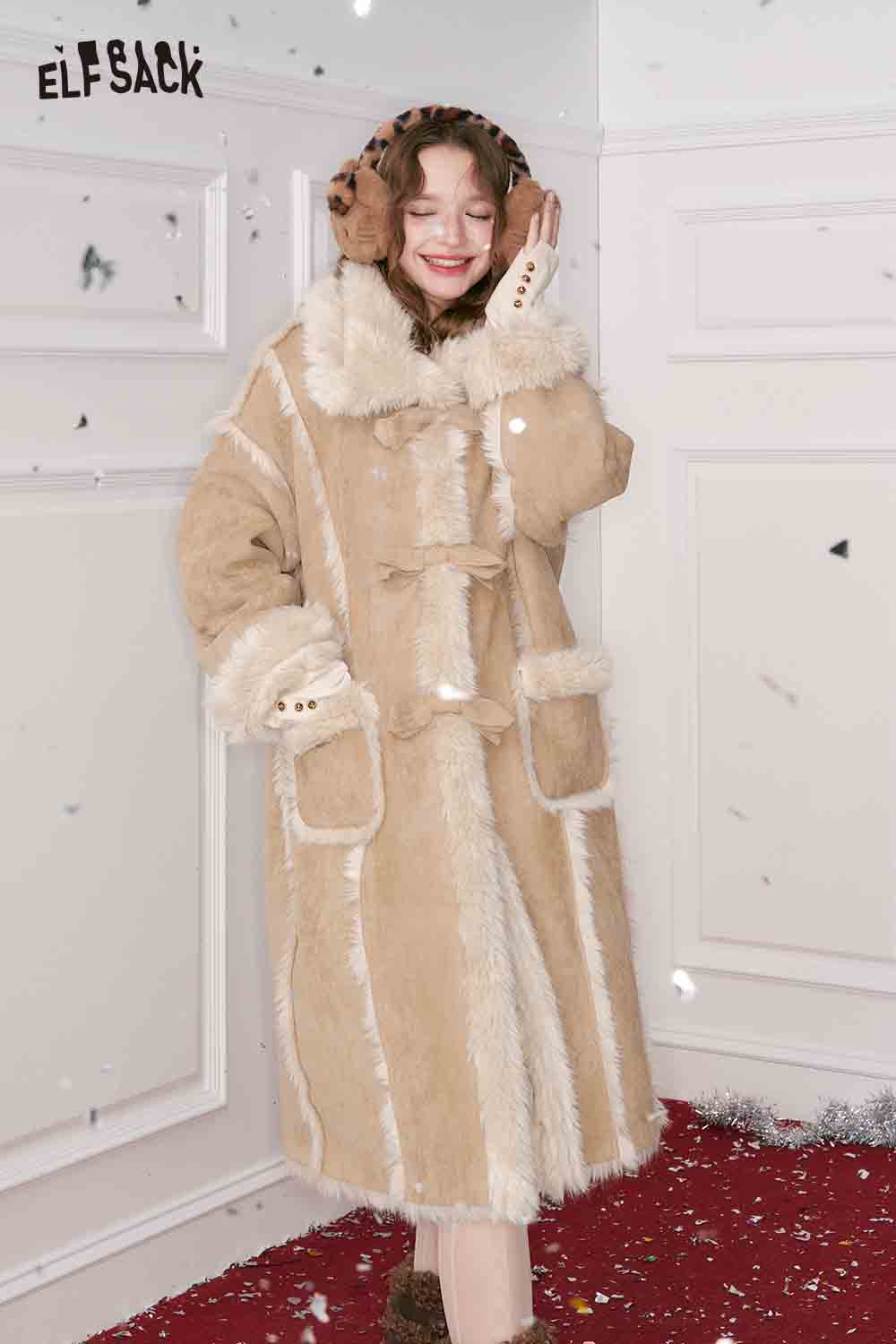 ELFSACK long wool coat for women with faux fur trim and large pockets in a cozy beige design