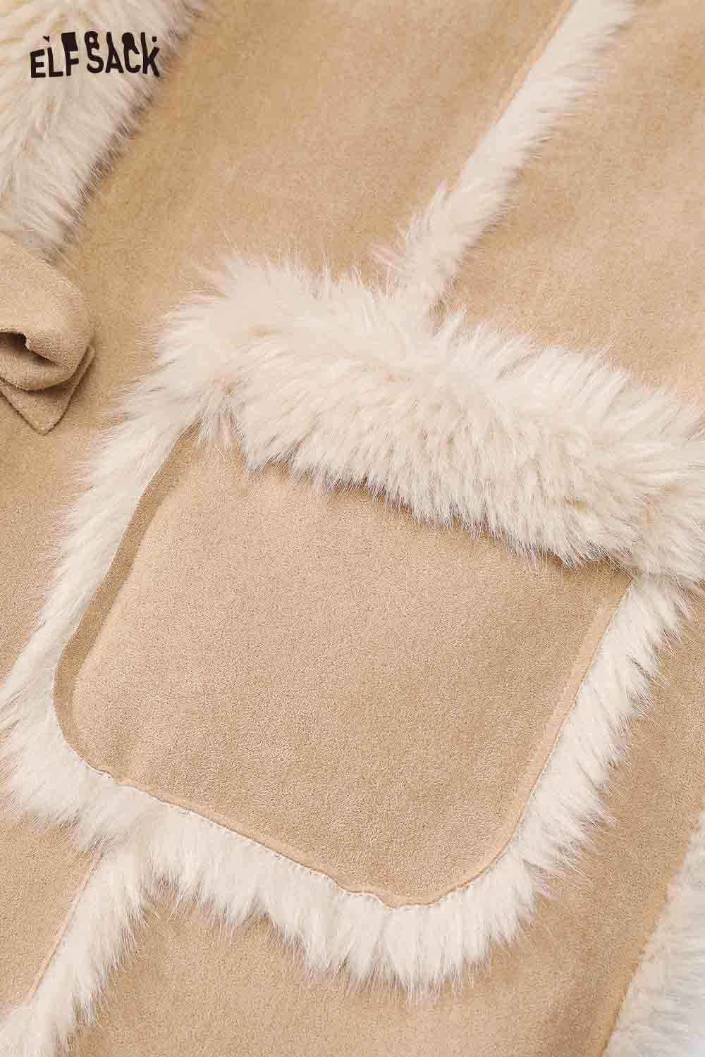 ELFSACK long wool coat for women featuring a cozy fur-trimmed pocket for added warmth and style