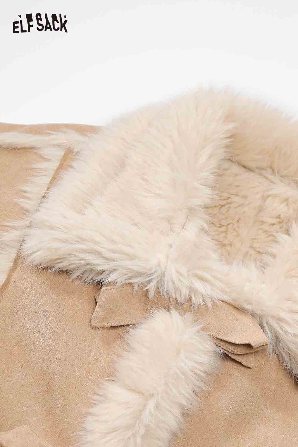 ELFSACK Long Wool Coat for Women with Soft Fur Collar and Stylish Design