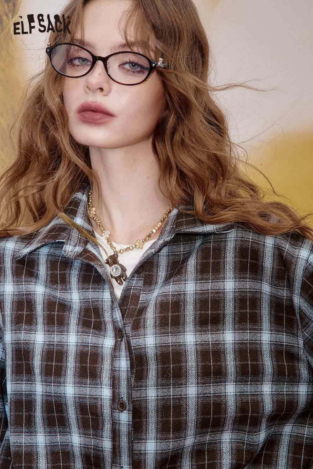 ELFSACK women's plaid button down shirt in blue and brown with relaxed fit for casual style