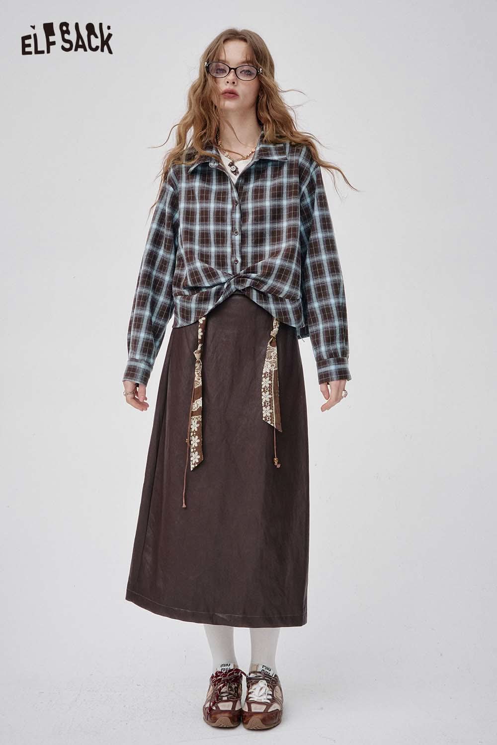 ELFSACK women's plaid button down shirt with a relaxed fit, paired with a long brown skirt