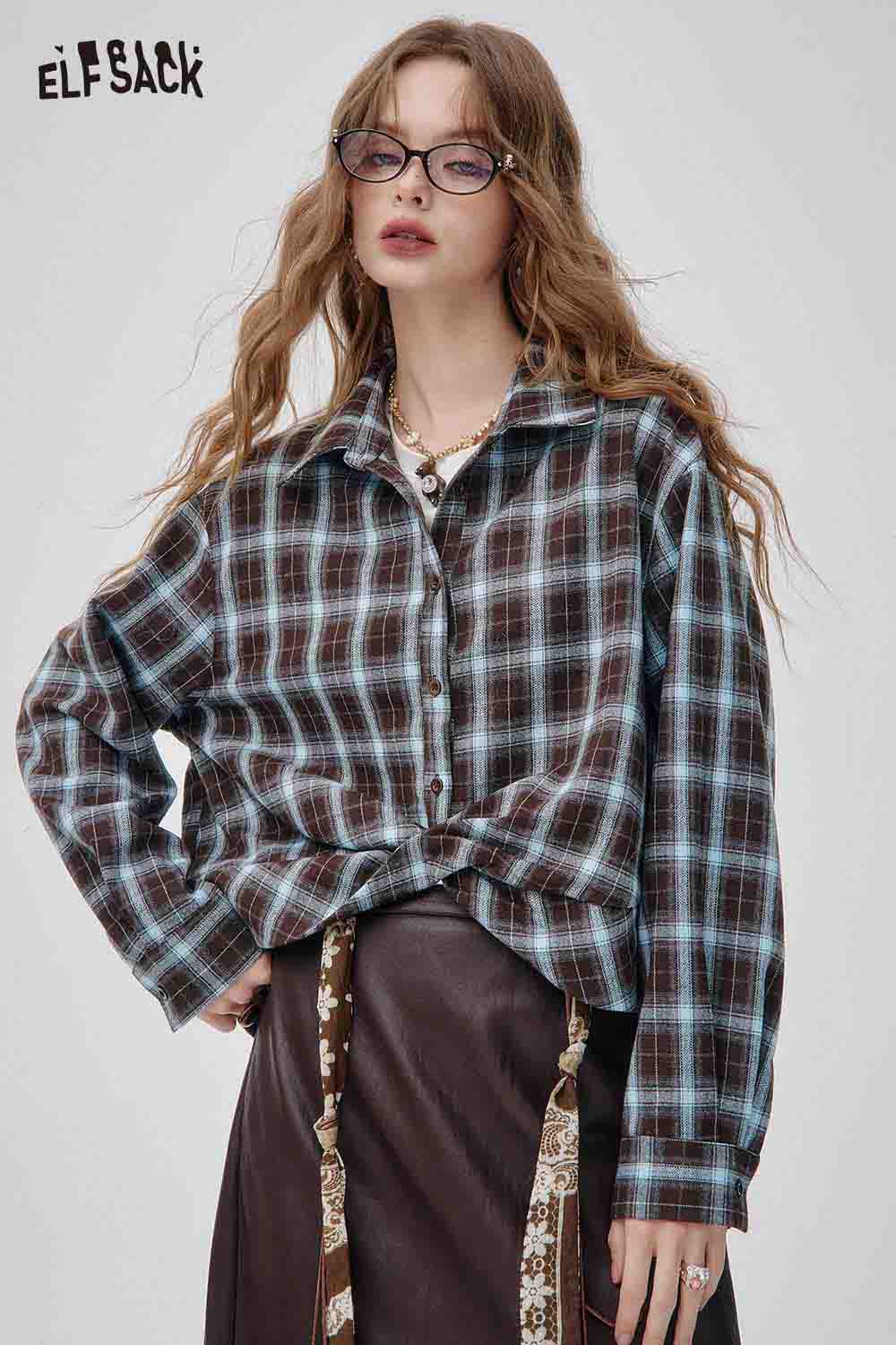 ELFSACK women's plaid button down shirt with a relaxed fit and stylish design for casual wear