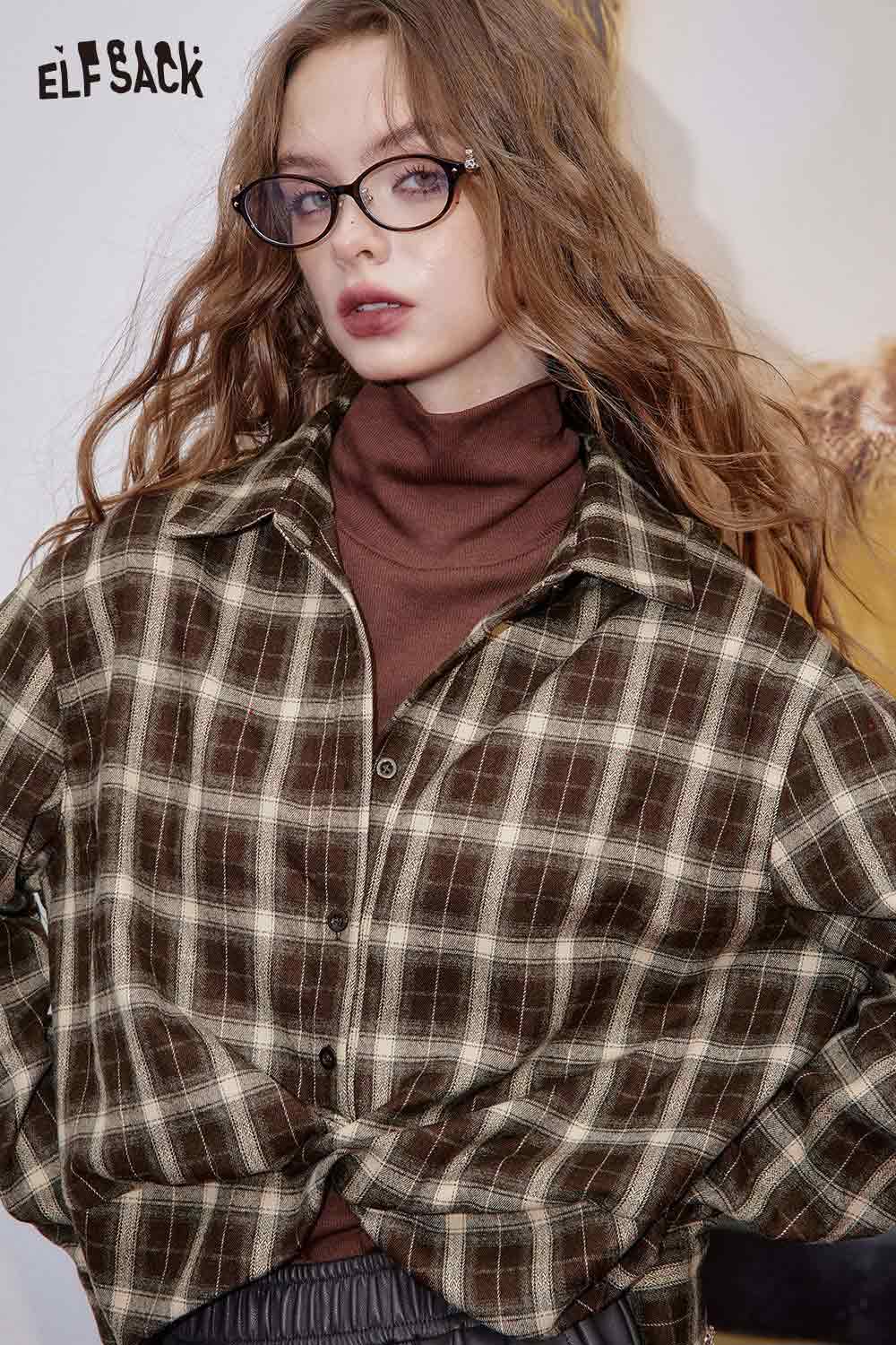 ELFSACK women's plaid button down shirt in brown tones styled with a turtleneck for a chic look