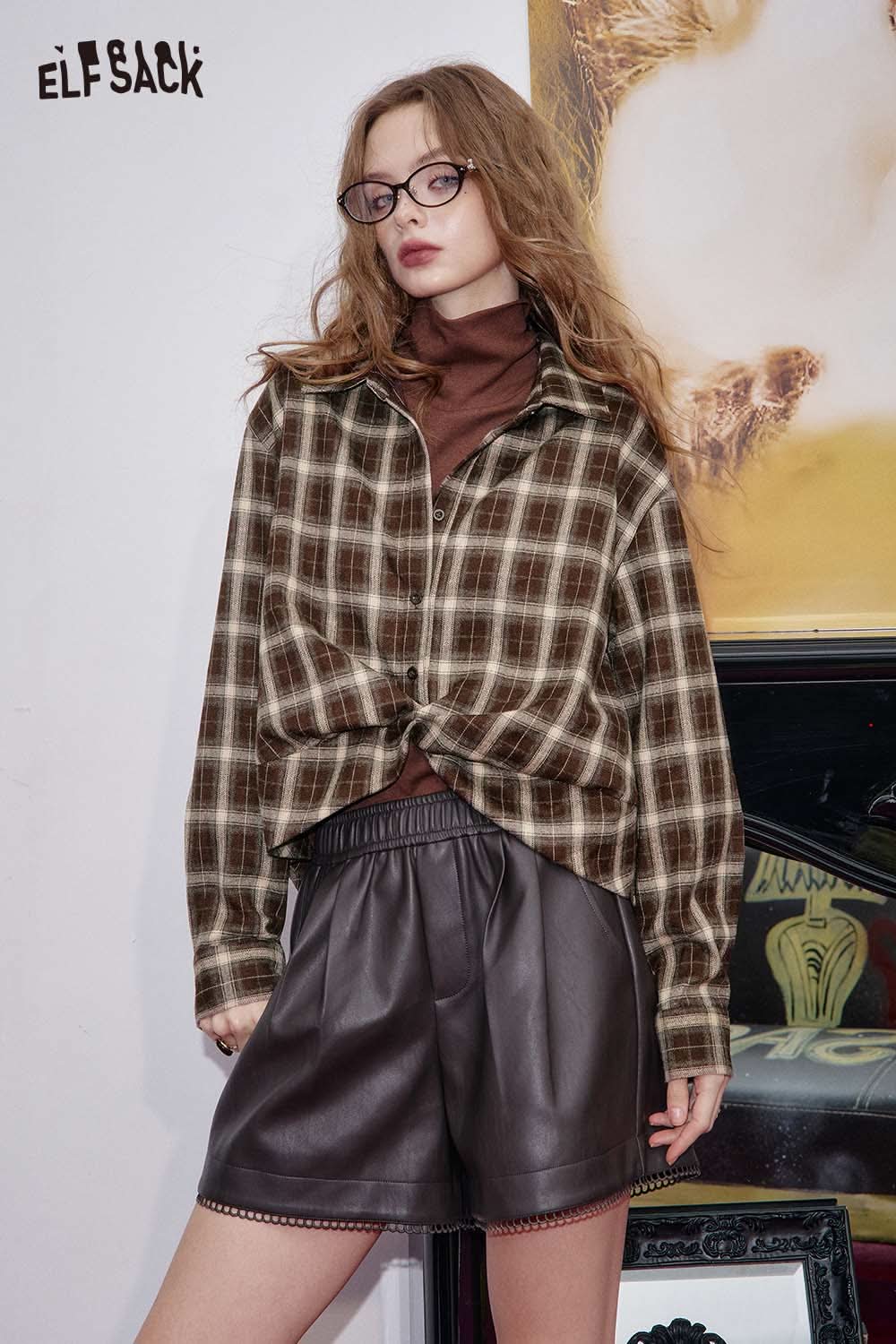 ELFSACK women's plaid button down shirt styled with leather shorts for a trendy outfit