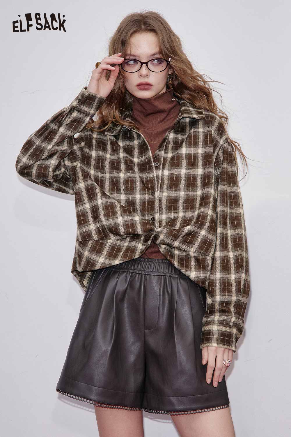 ELFSACK women's plaid button down shirt styled with a brown turtleneck and leather shorts