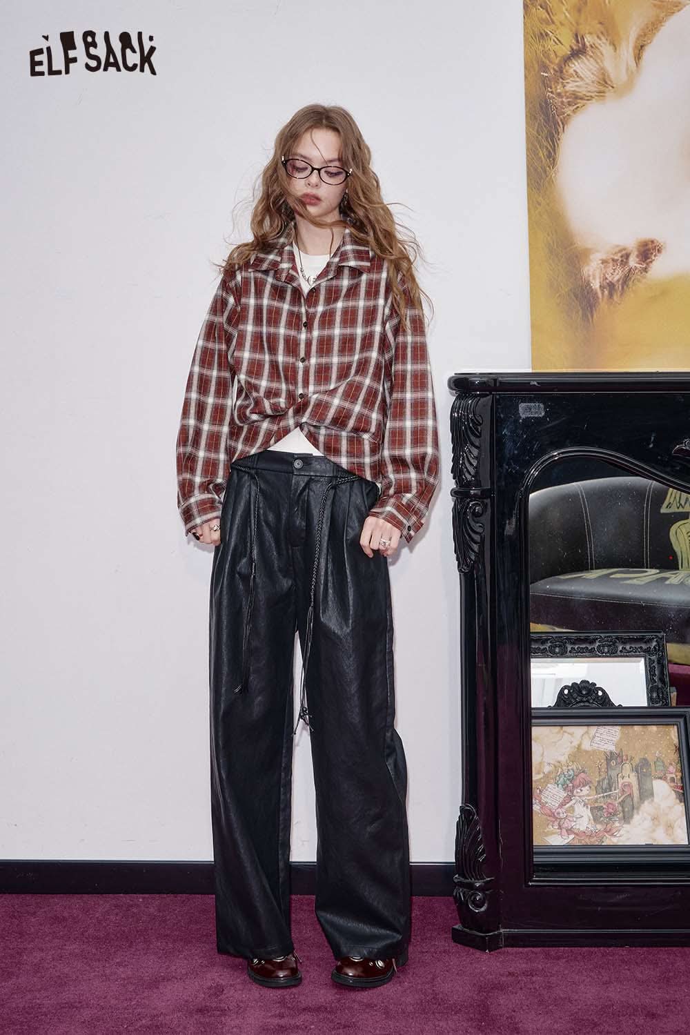 ELFSACK women's plaid button down shirt styled with black leather pants for a trendy look