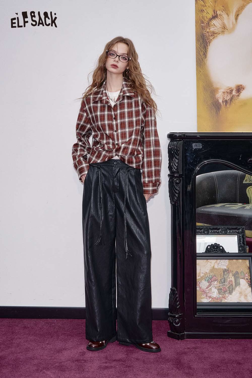 ELFSACK women's plaid button down shirt styled with black wide-leg pants for a trendy look