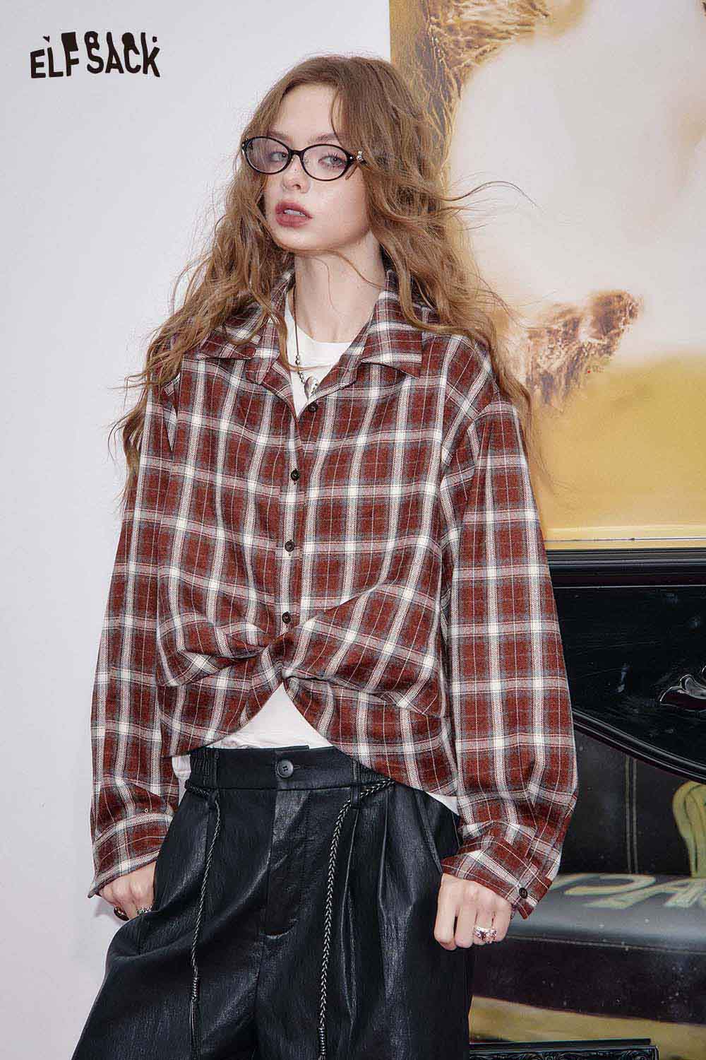 ELFSACK women's plaid button down shirt styled with leather pants for a casual look