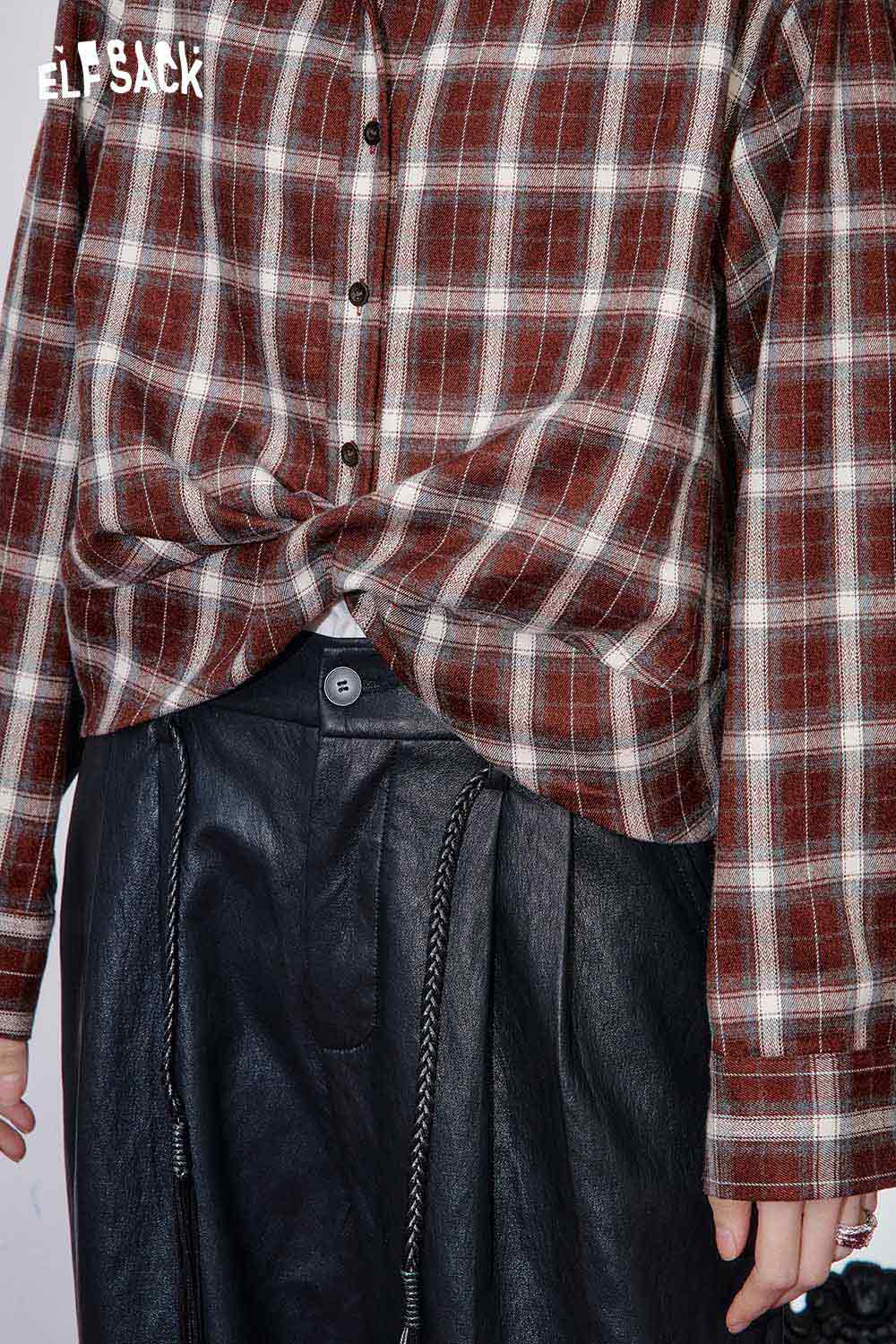 ELFSACK women's plaid button down shirt in brown with a twisted front detail styled with black pants