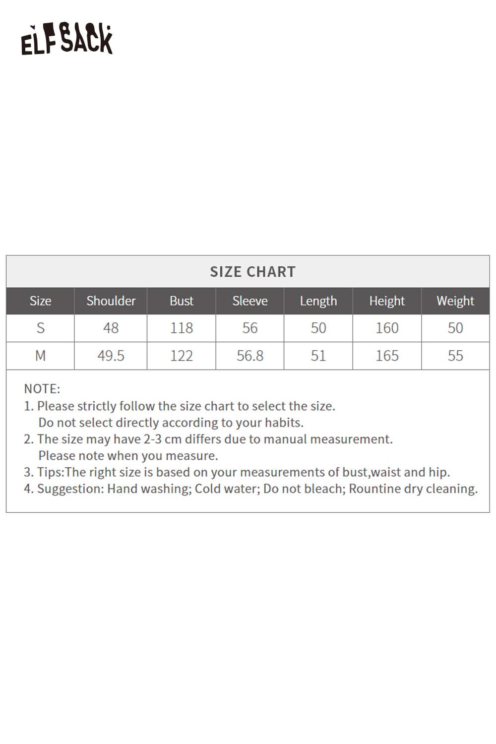ELFSACK women's plaid button down shirt size chart with bust, sleeve, length, height, and weight details