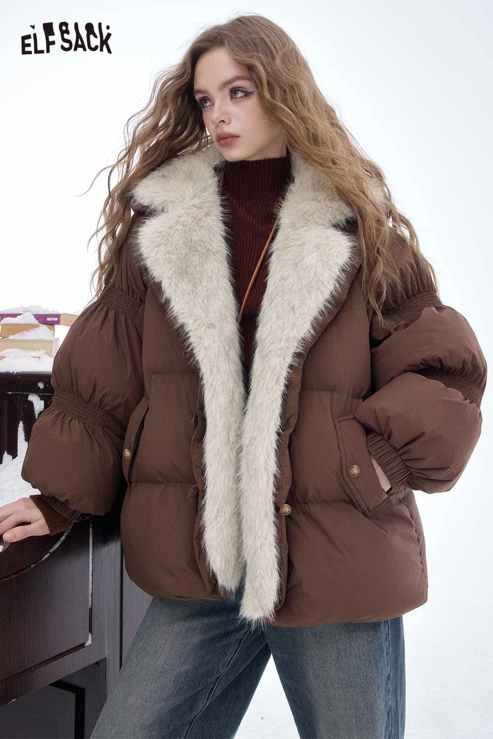 ELFSACK women's plush lined down jacket in brown with a stylish faux fur collar for warmth and comfort
