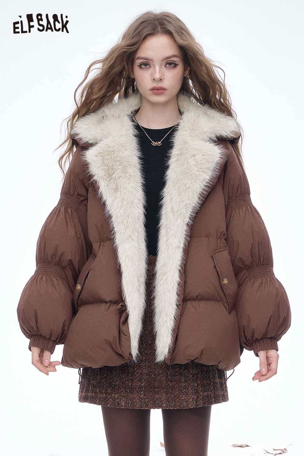 ELFSACK women's plush lined down jacket in brown with a fluffy collar designed for warmth and style