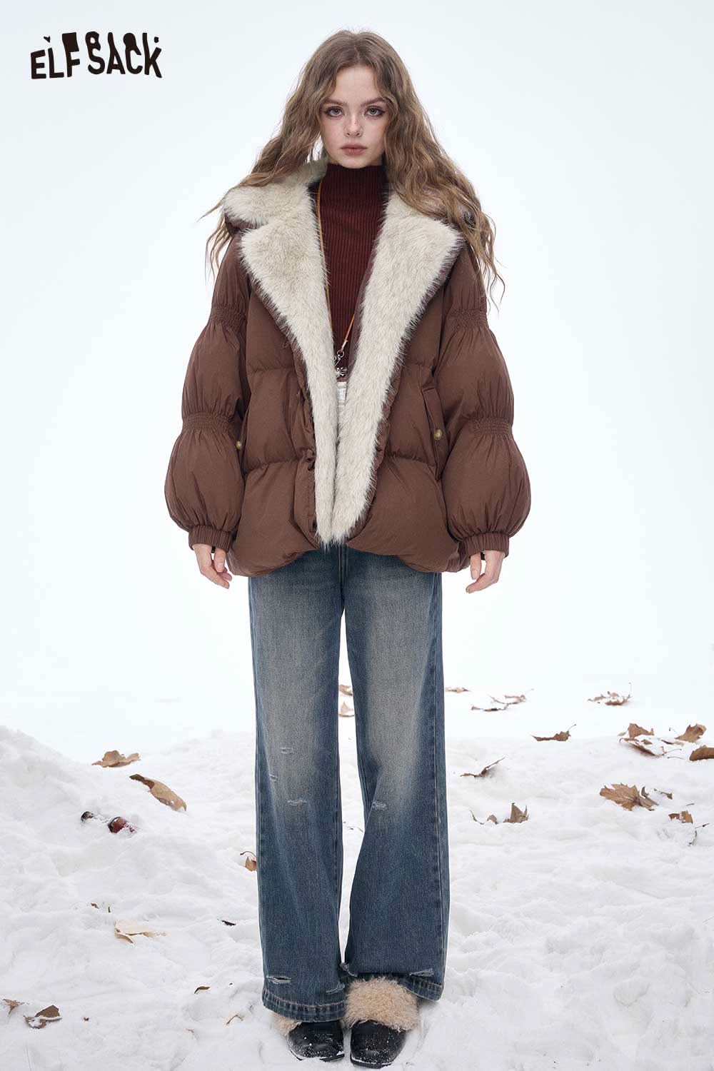 ELFSACK women's plush lined down jacket in brown with a cozy fur collar for winter style