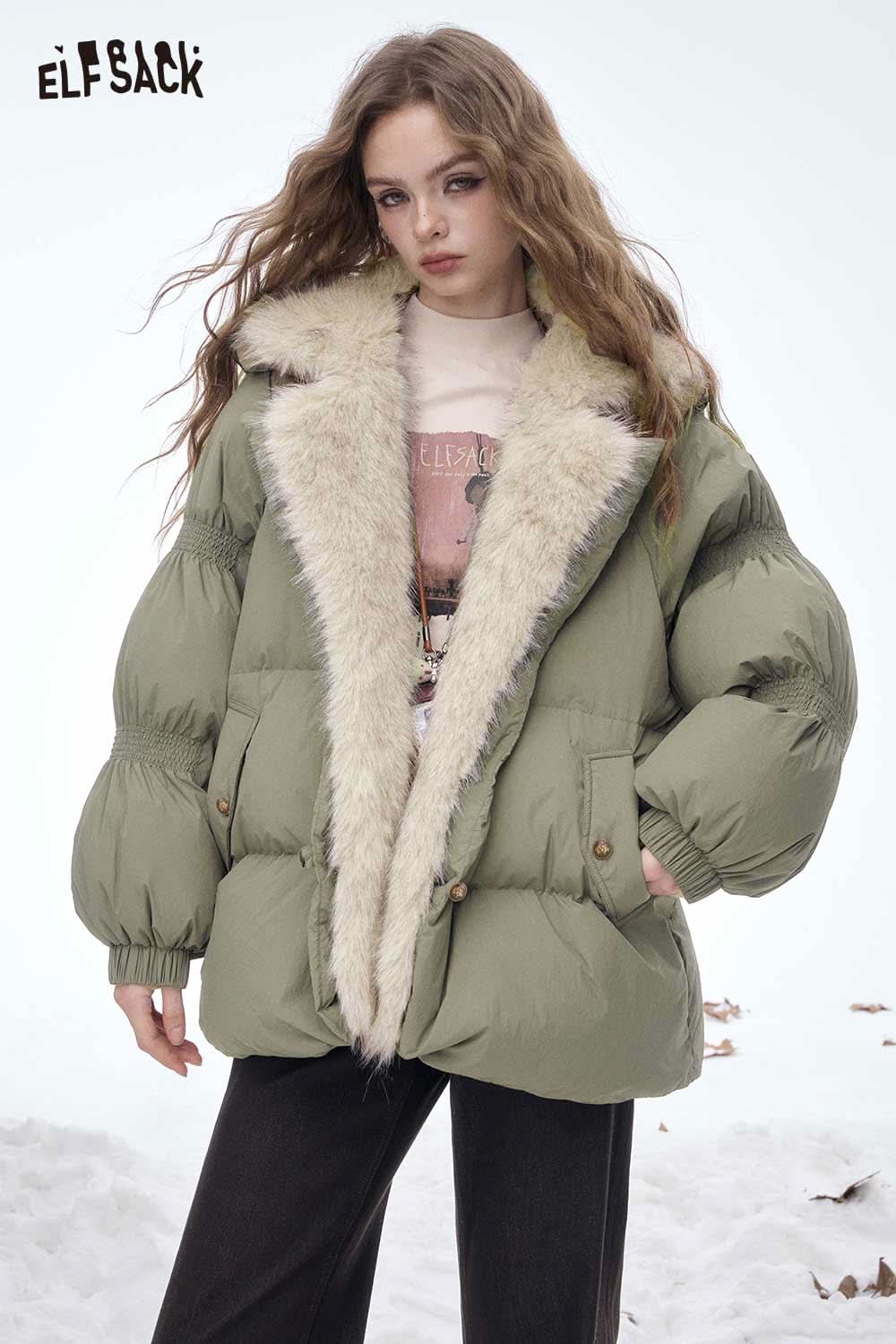 ELFSACK women's plush lined down jacket in olive green with a fluffy collar and oversized fit