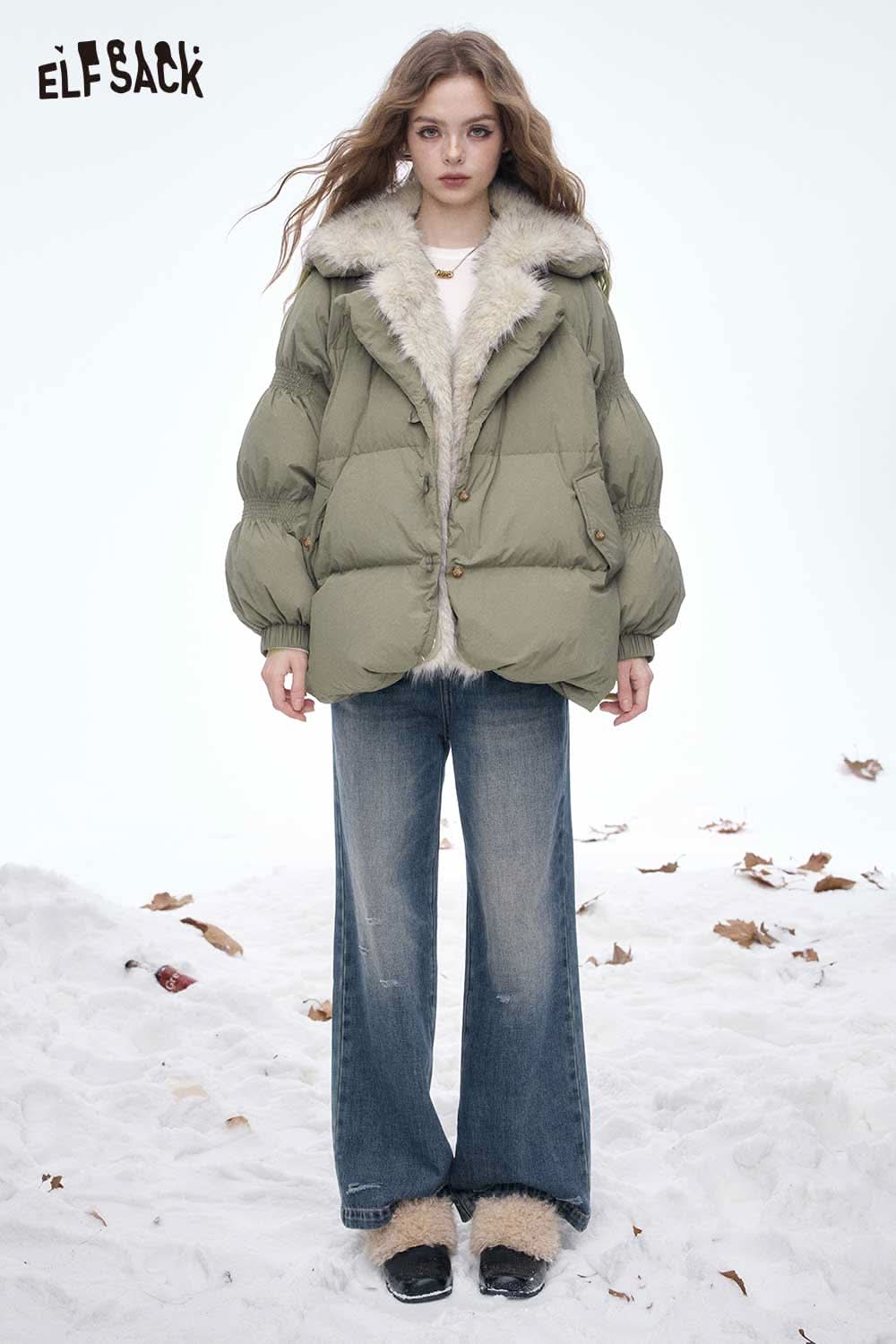 ELFSACK women's plush lined down jacket in olive green with faux fur collar, perfect for winter wear