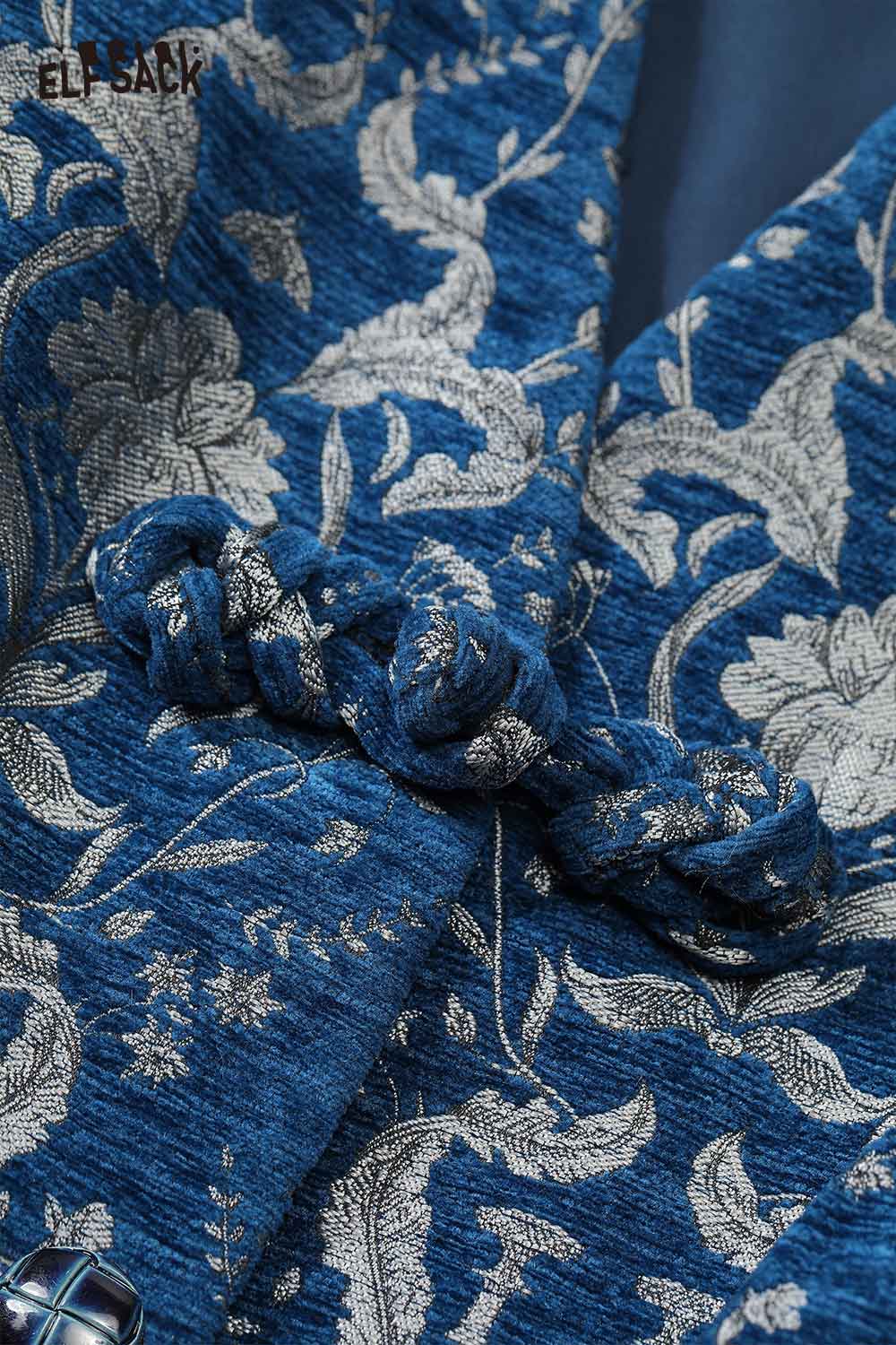 ELFSACK retro graphic short coat for women featuring intricate floral patterns in blue and silver