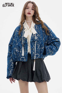 ELFSACK retro graphic short coat for women in blue with decorative embroidery and puffed sleeves