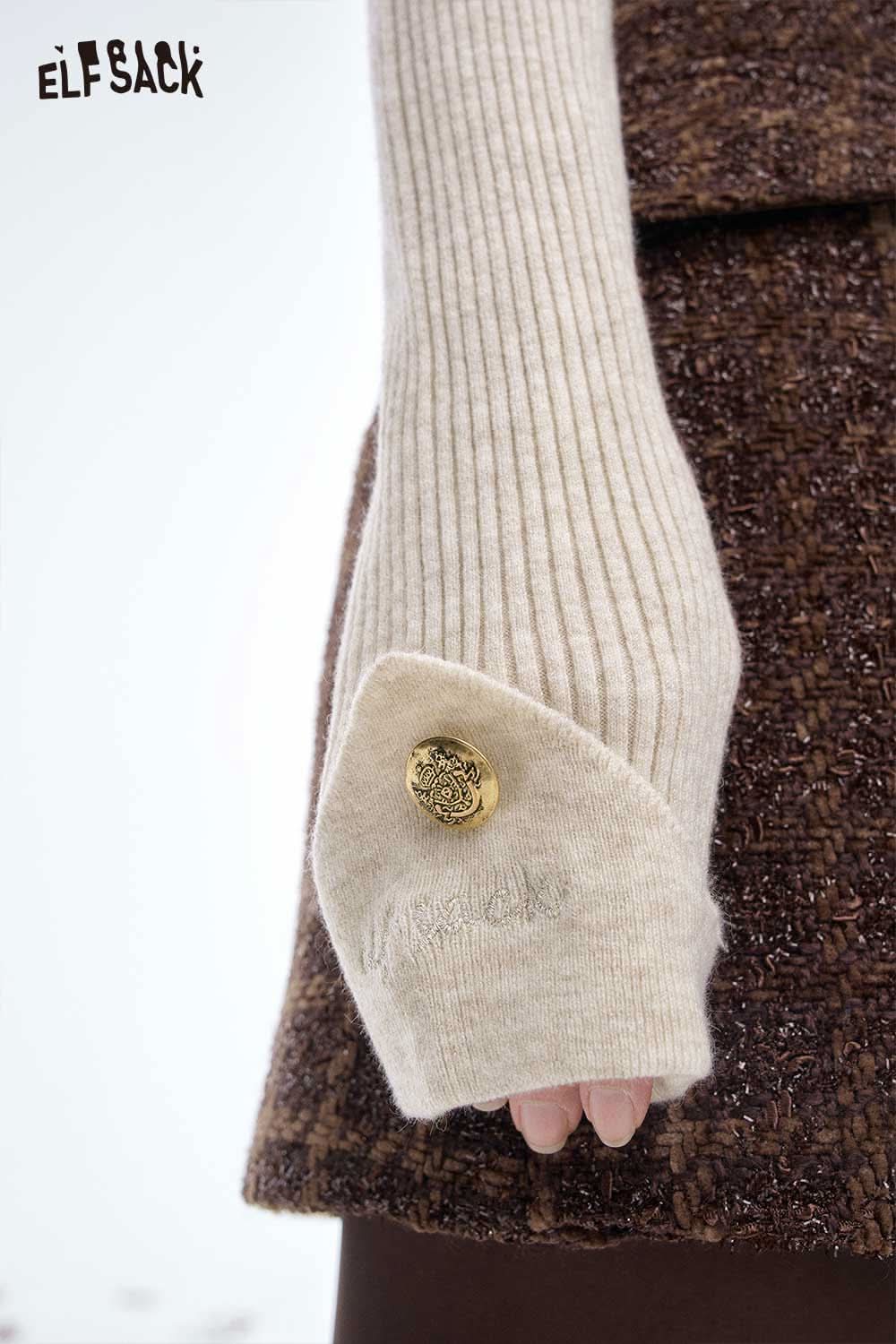 ELFSACK women's slim fit knit sweater with ribbed sleeves and decorative button detail