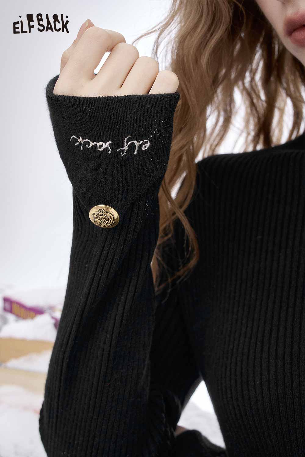 Close-up of ELFSACK women's slim fit knit sweater in black with stylish button detail on the sleeve