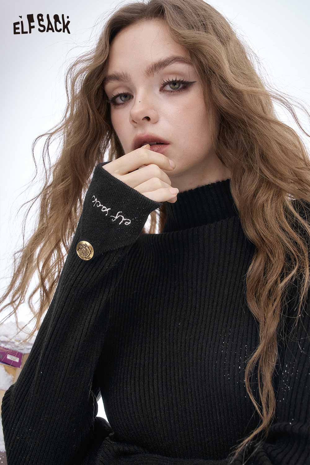 ELFSACK women's slim fit knit sweater featuring a stylish mock neck and unique cuff details