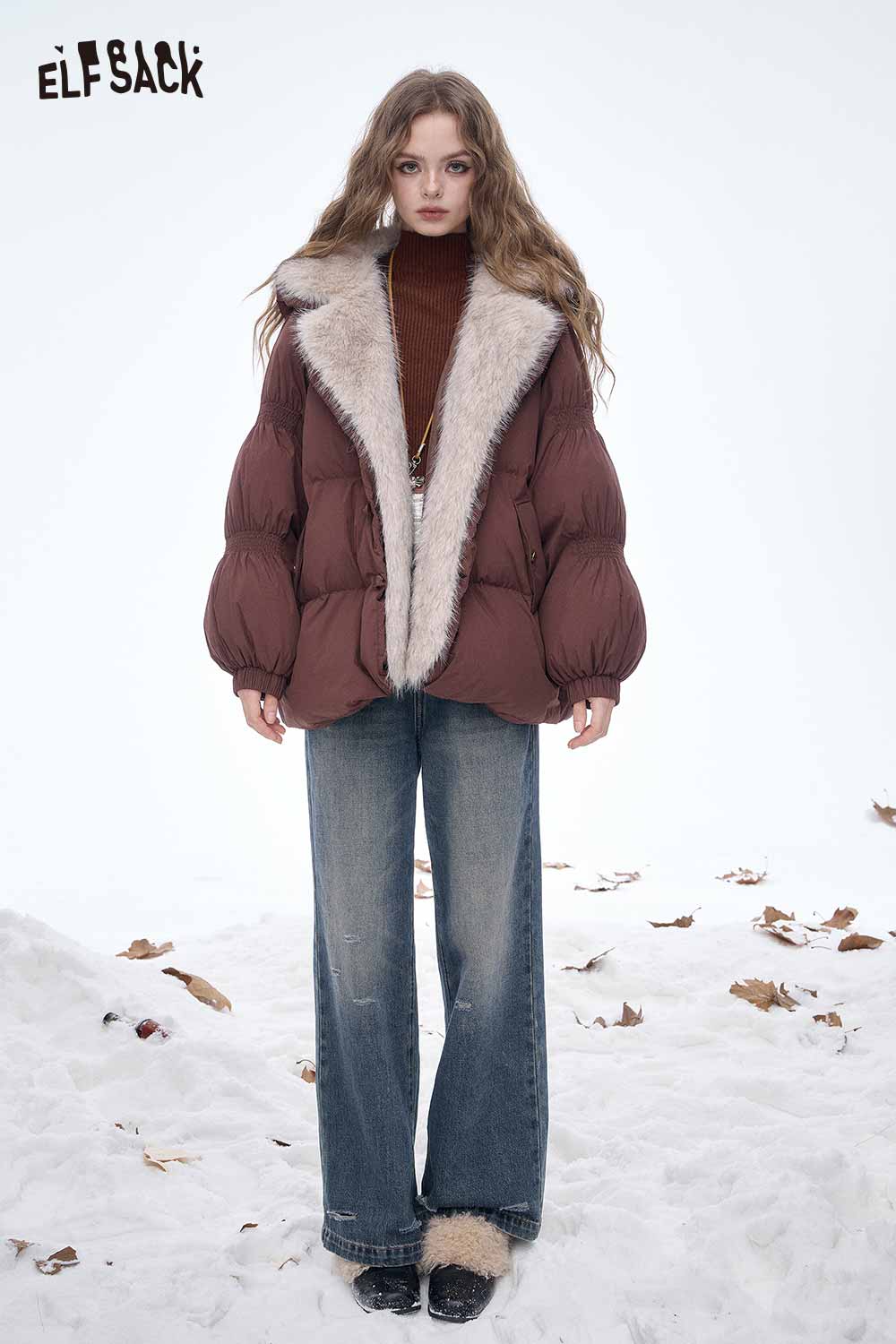 ELFSACK women's slim fit knit sweater worn under a stylish puffer coat for a trendy winter look