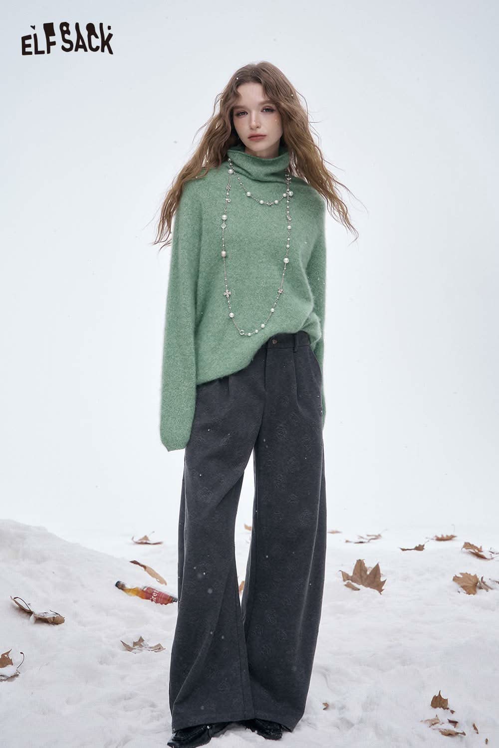 ELFSACK women's soft straight leg pants in dark gray paired with a cozy green sweater for winter fashion
