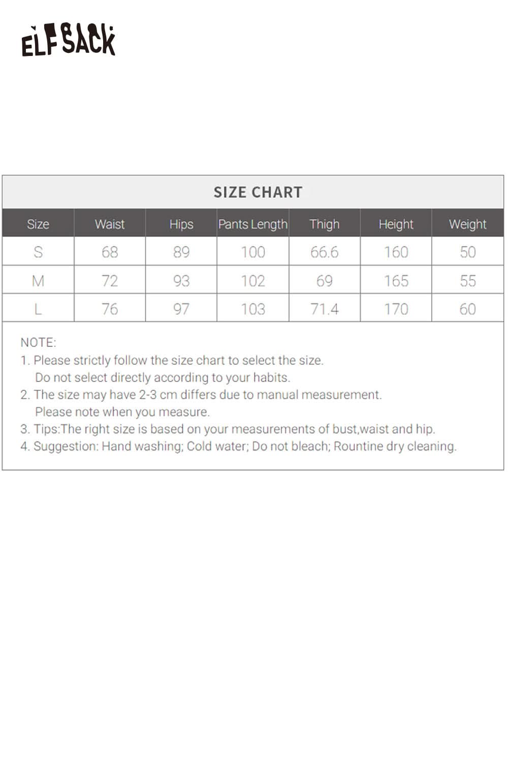 ELFSACK women's soft straight leg pants size chart with measurements for waist, hips, and length