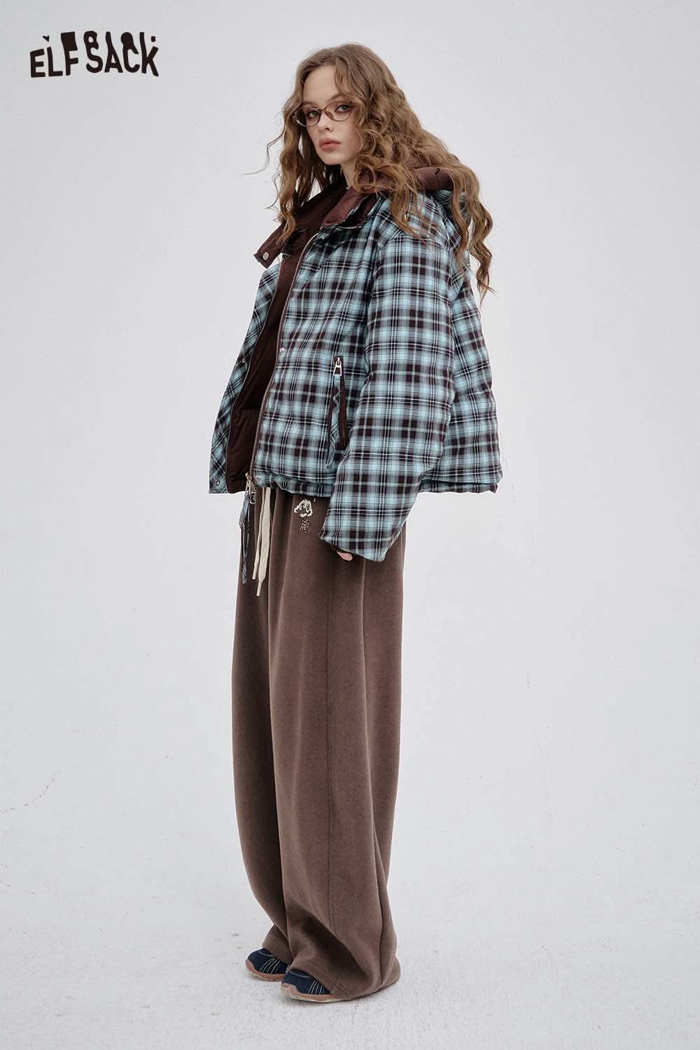 ELFSACK women’s solid color straight leg pants styled with a plaid puffer jacket for a trendy look