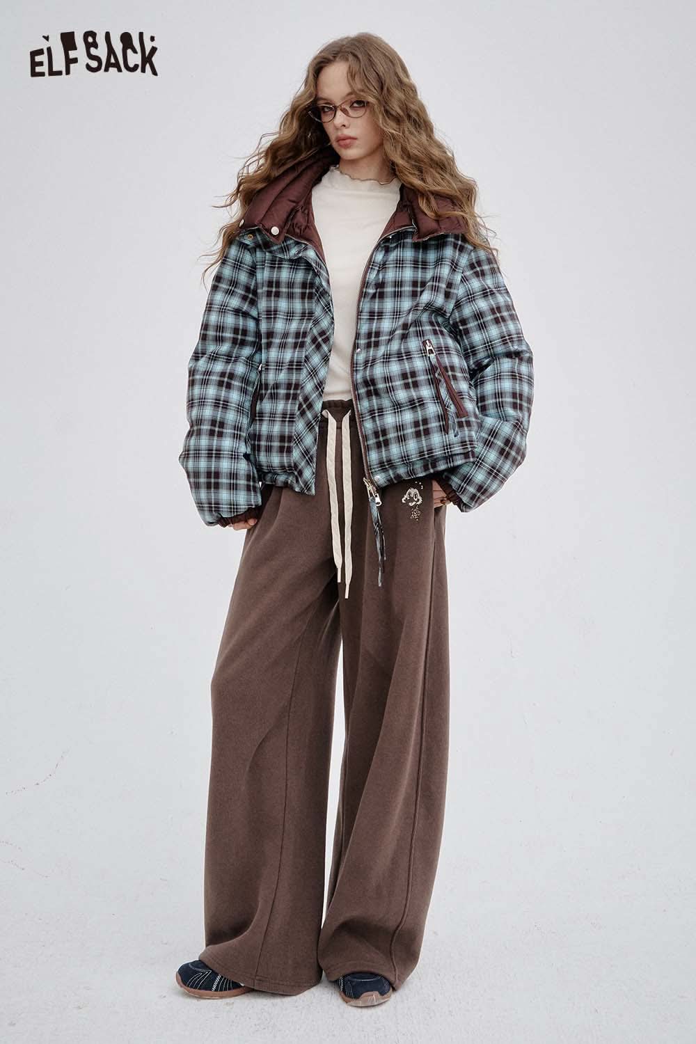 ELFSACK women's solid color straight leg pants in brown paired with a plaid jacket for a stylish look