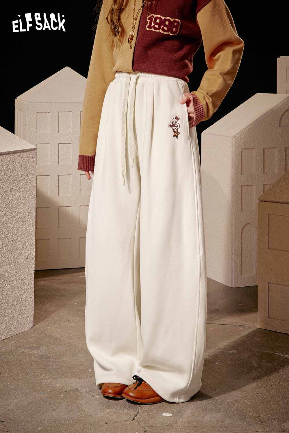 ELFSACK women's solid color straight leg pants in cream with a relaxed fit and drawstring waist