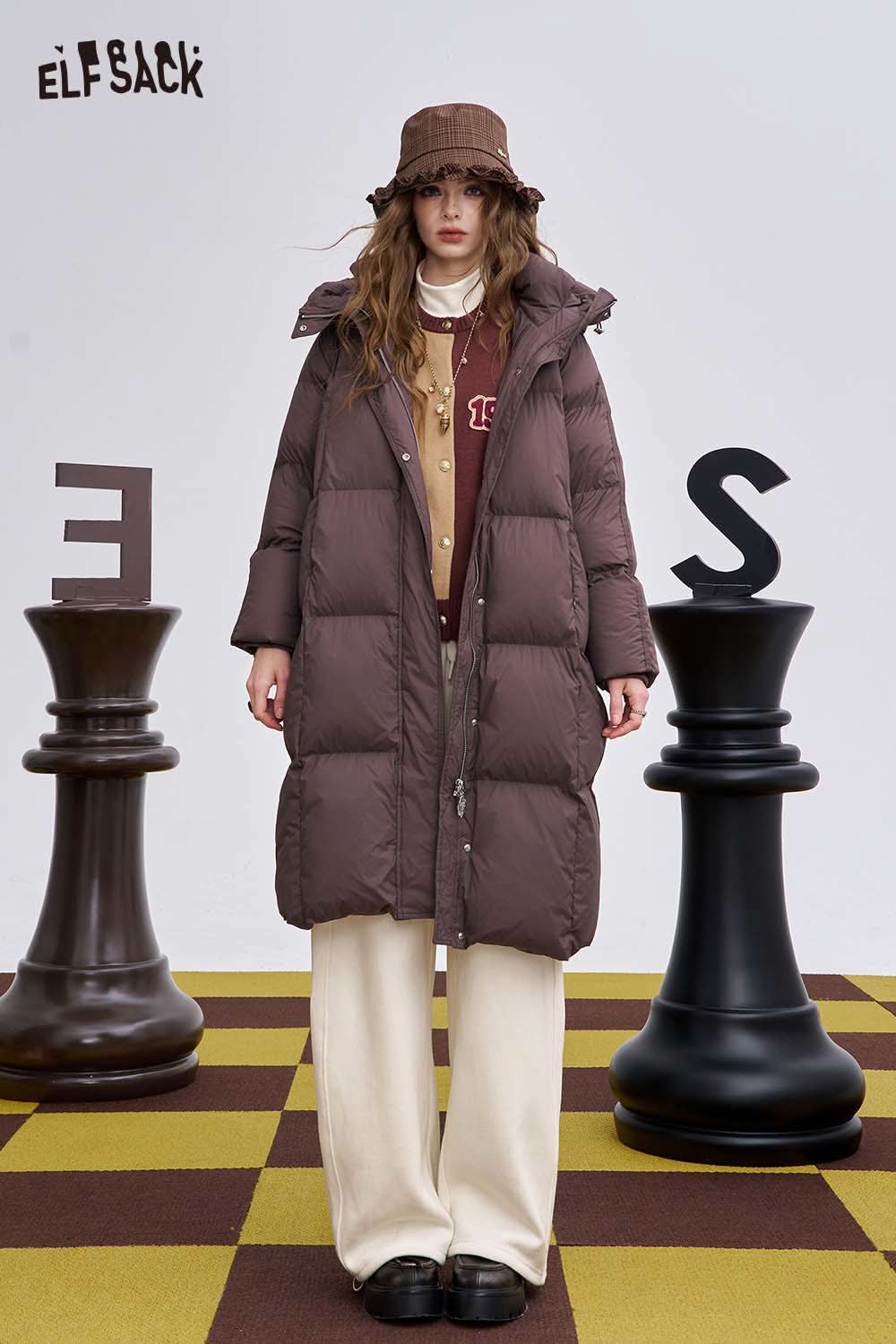 ELFSACK women's solid color straight leg pants styled with a cozy brown puffer coat