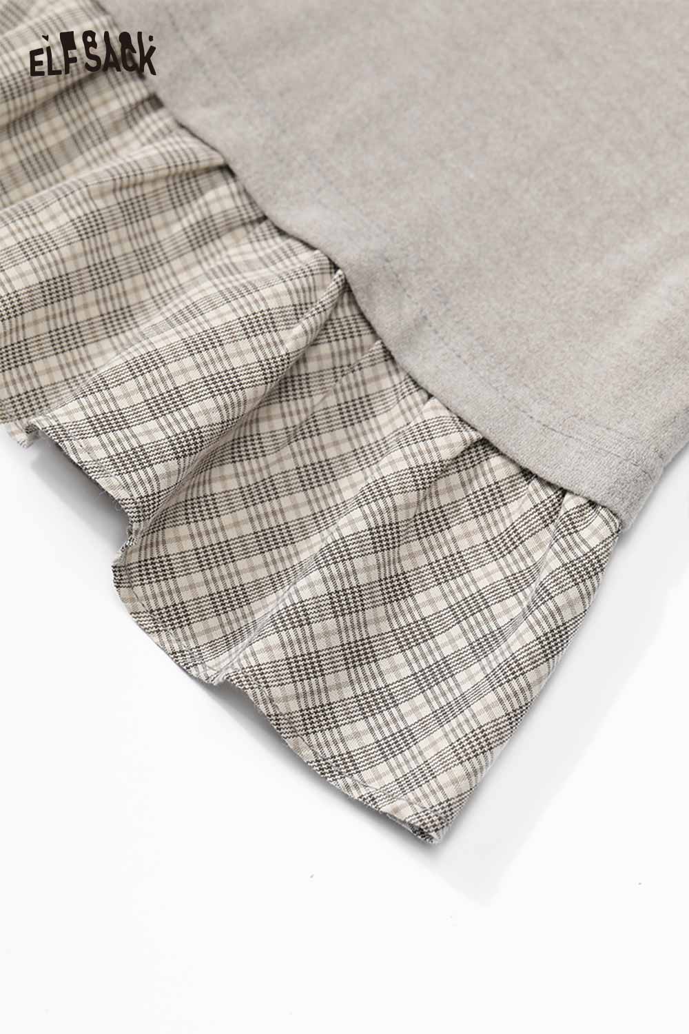 ELFSACK slim fit plaid panel tee for women featuring a stylish plaid ruffle hem detail