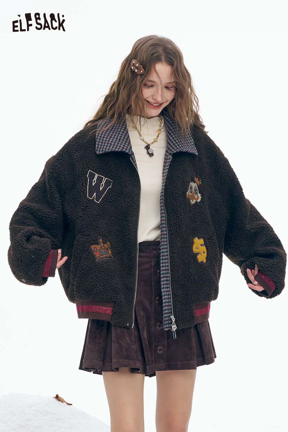 ELFSACK soft cotton striped coat for women with chic patches and a cozy design