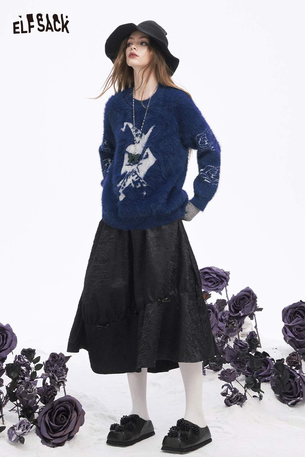 ELFSACK soft graphic plush sweater for women in navy blue with stylish design and pair of black skirt