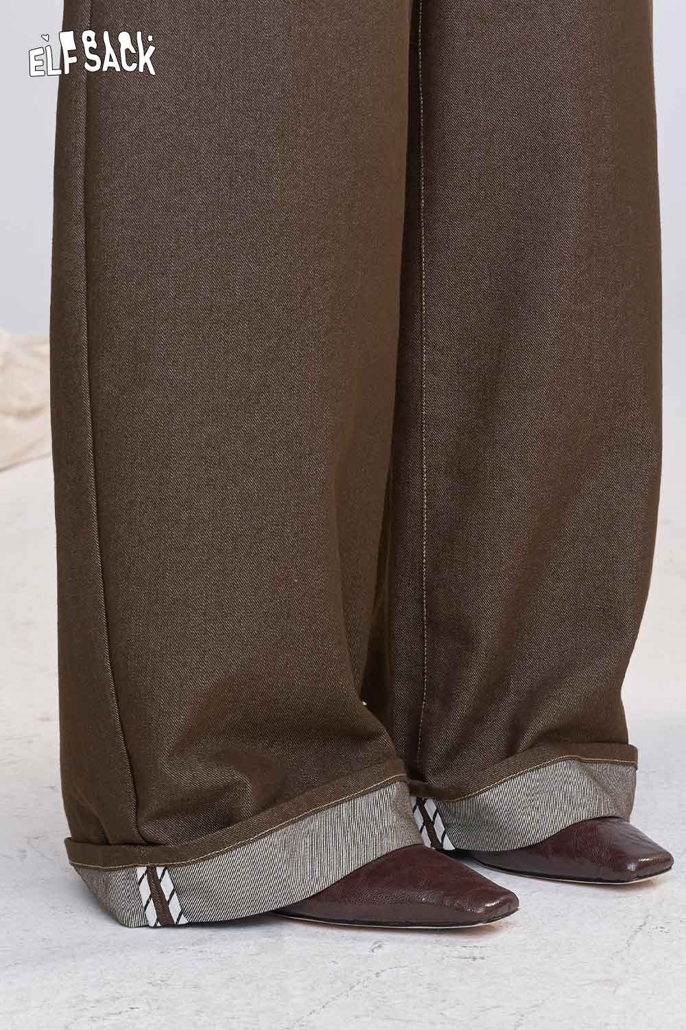 ELFSACK wide leg cotton blend trousers women in brown featuring stylish cuff details