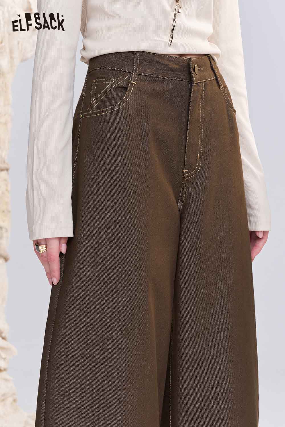 ELFSACK wide leg cotton blend trousers women in brown with detailed stitching and a stylish fit