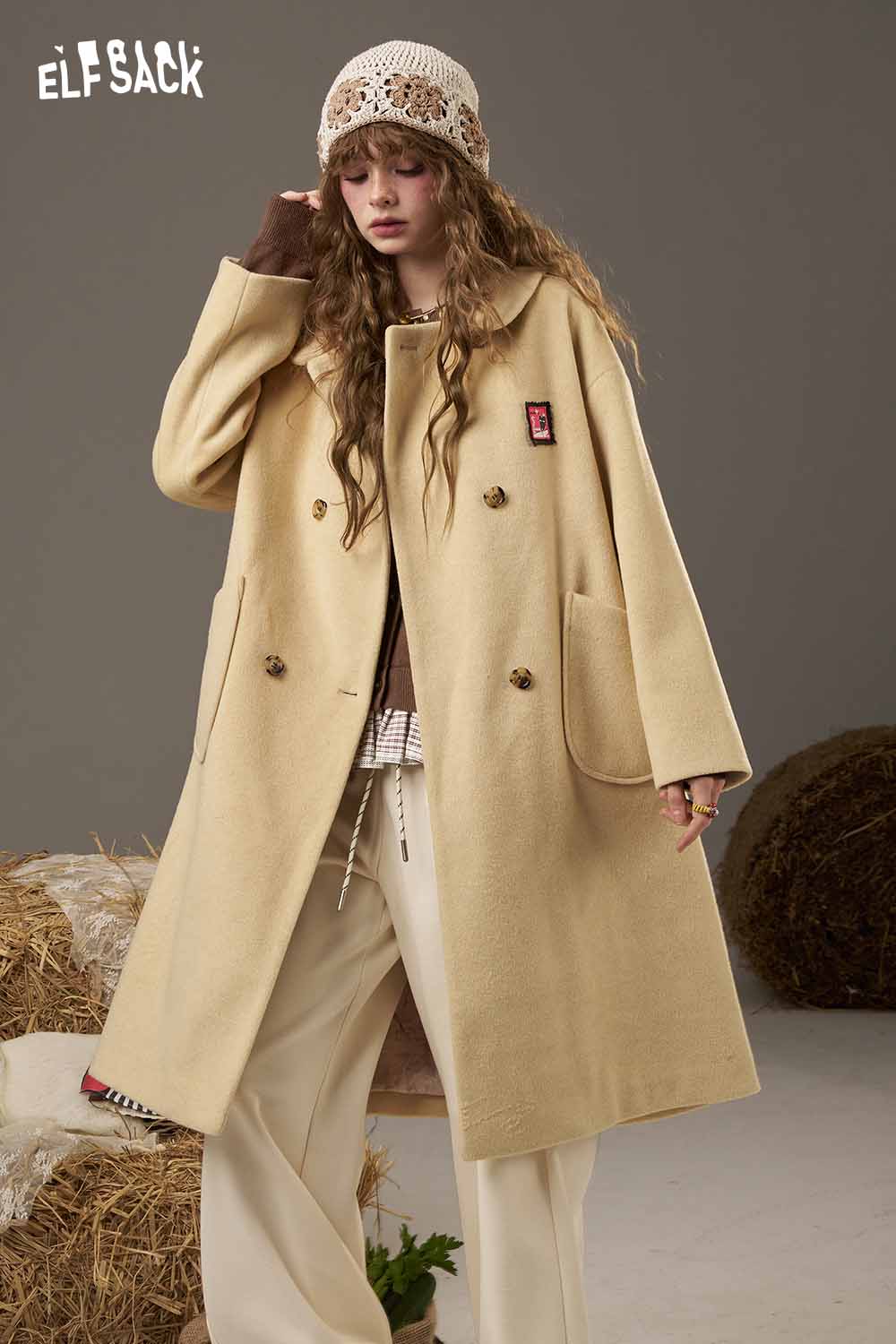 ELFSACK wool blend checkered cardigan for women in beige with stylish design and comfortable fit